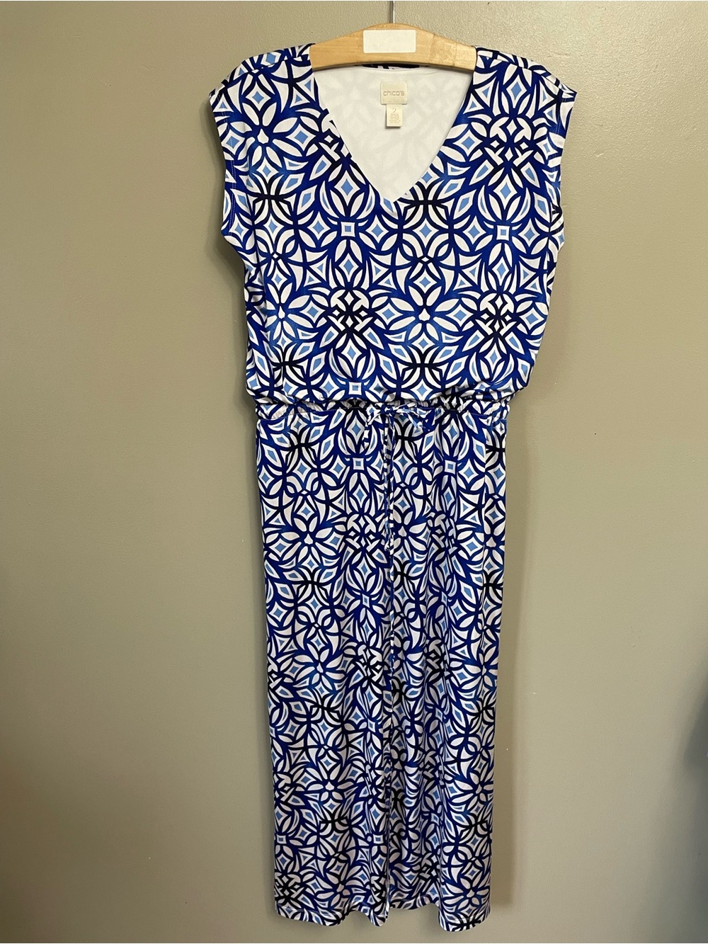 CHICO'S Batik Blue White Stretch Front Slit BOHO MAXI DRESS 2 12/14